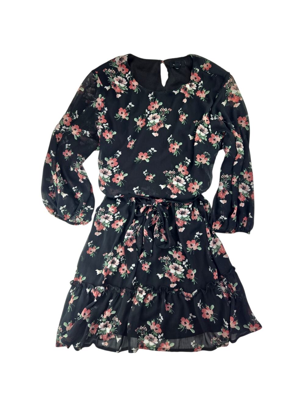 Tacera | Short Black Long Sleeve Floral Dress| Size XL